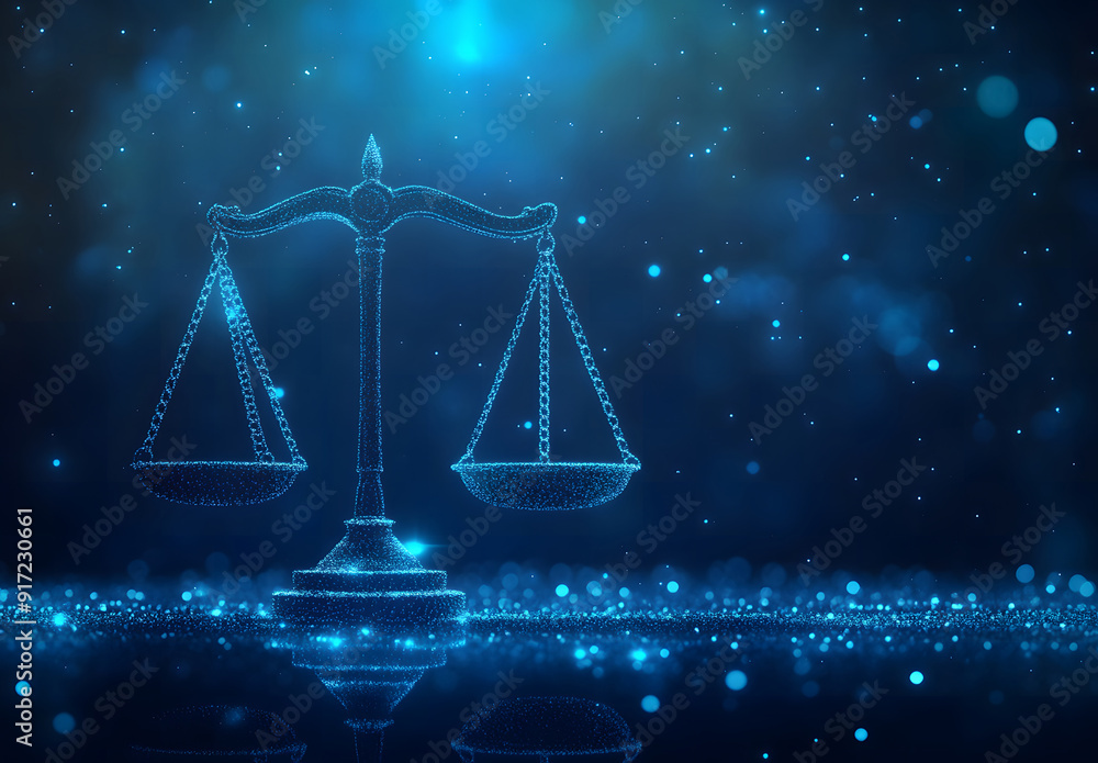 High-tech blue Digital justice scale surrounded by digital data on blue bokeh background, representing the role of AI in business justice design High-tech blue Digital justice scale surrounded by digital data on blue bokeh background, representing the role of AI in business justice design