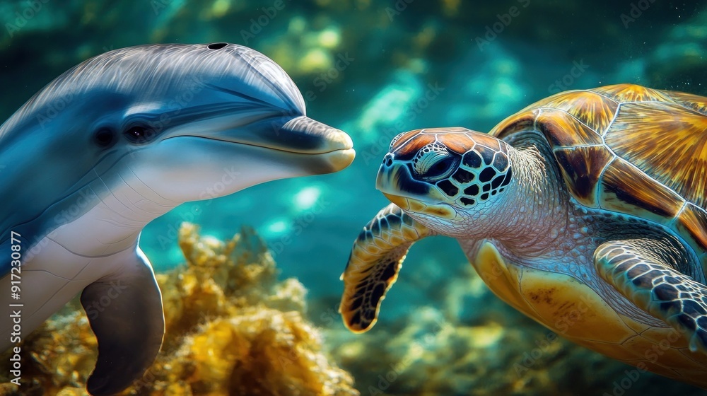 Close-up view of beautiful turtle far in the sea with beautiful dolphins and seaweed Close-up view of beautiful turtle far in the sea with beautiful dolphins and seaweed