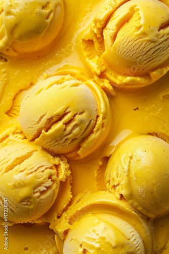 Close-up scooped mango ice cream, showcasing its creamy texture and vibrant color photo