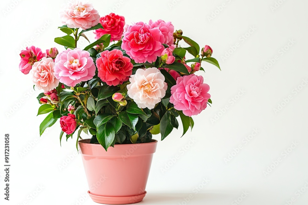Colorful camellia flowers in the pot isolated on a white background Colorful camellia flowers in the pot isolated on a white background