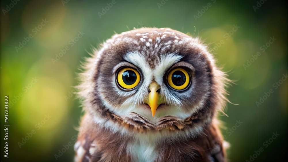 Fototapeta premium Adorable baby owl with large, expressive eyes, cute, animal, big eyes, fluffy, feathered, wildlife, nature, owl, baby, adorable
