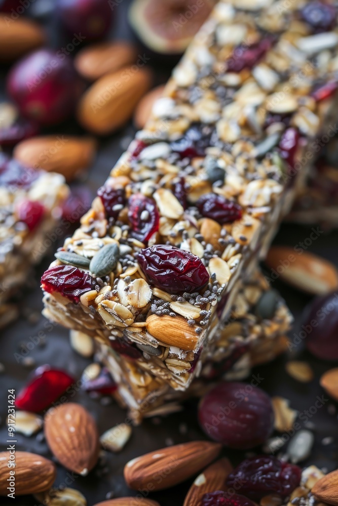 Wholesome homemade granola energy bars with figs, oatmeal, almonds, cranberries, chia, sunflower Wholesome homemade granola energy bars with figs, oatmeal, almonds, cranberries, chia, sunflower