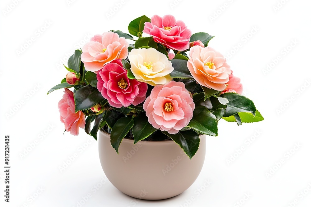 Colorful camellia flowers in the pot isolated on a white background - Colorful camellia flowers in the pot isolated on a white background -