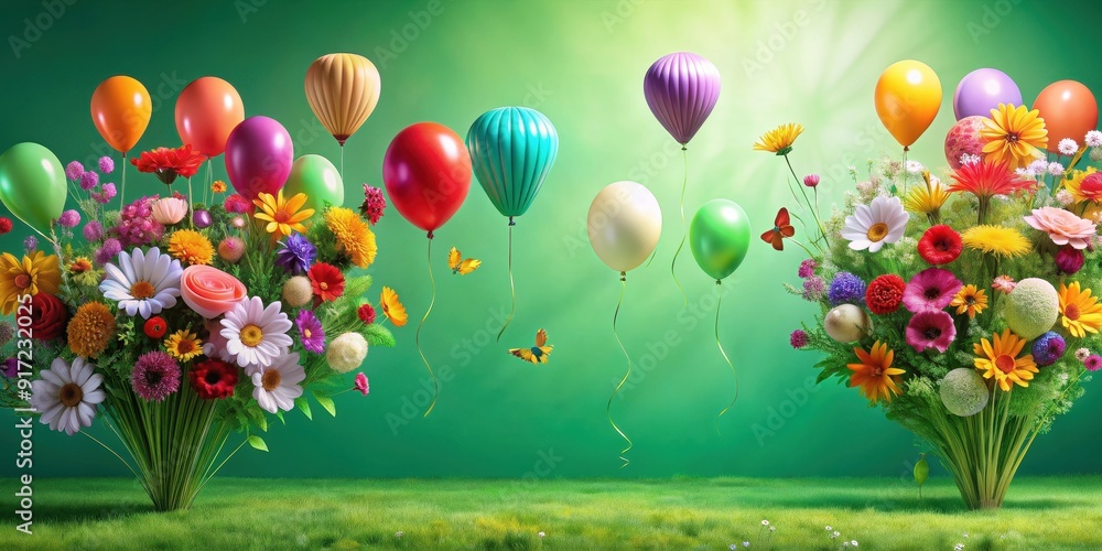 Bright colorful fantasy flowers balloons floating on green background, fantasy, flowers, balloons,colorful, bright Bright colorful fantasy flowers balloons floating on green background, fantasy, flowers, balloons,colorful, bright