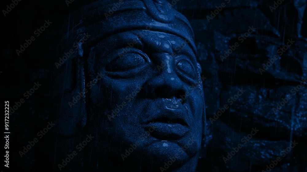 Ancient Stone Head In The Rain At Night Ancient Stone Head In The Rain At Night