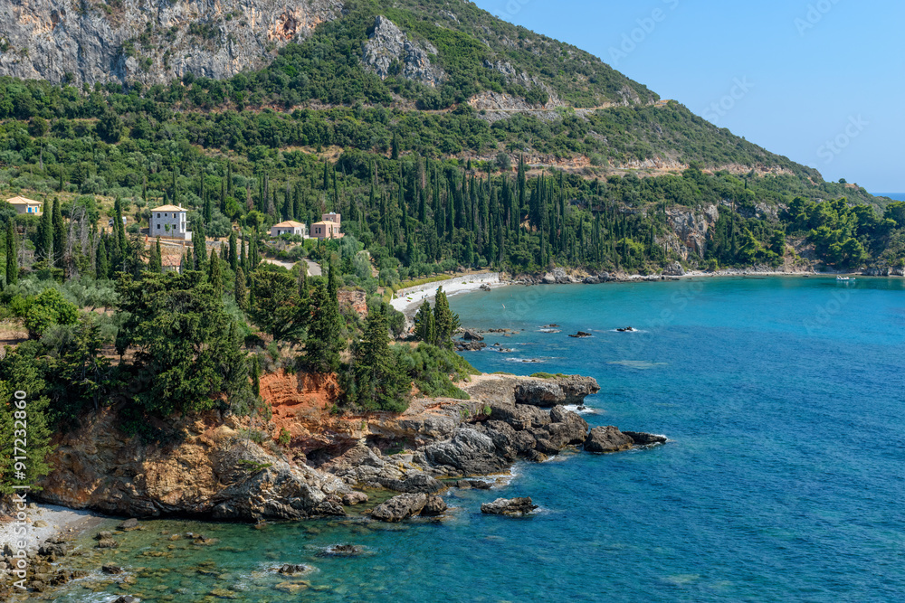 Obraz premium View of the beautiful Kalamitsi beach next to Kardamyli village in Messinian Mani, Peloponnese, Greece