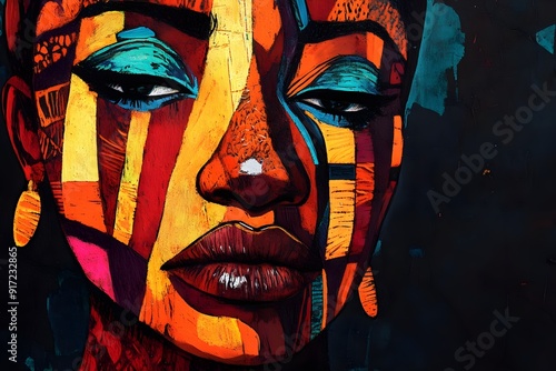 A sad woman's face depicted in bold African abstract art, with bright, vivid colors like deep reds, vibrant oranges, and striking yellows set against a dark, almost black background