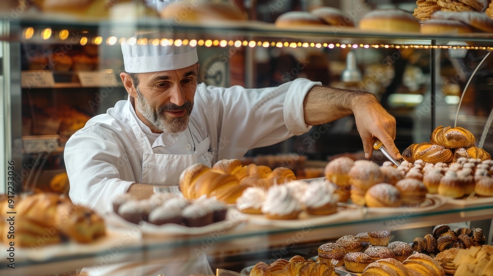 Owner arranging pastries and baked goods in display case Owner arranging pastries and baked goods in display case