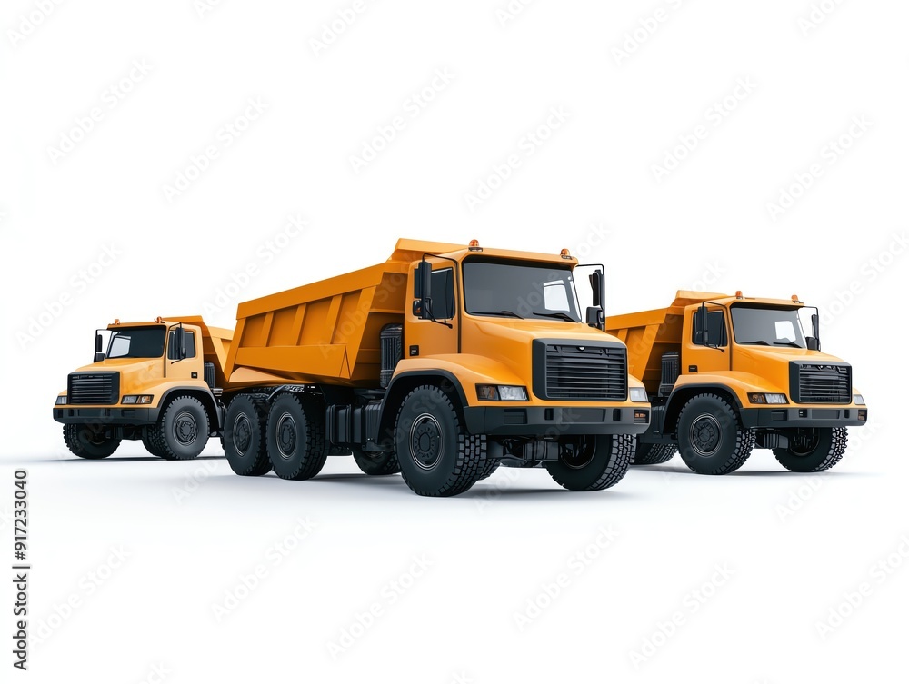 Electric construction vehicles in a fleet, industrial setting, 3D model, isolated on white background Electric construction vehicles in a fleet, industrial setting, 3D model, isolated on white background