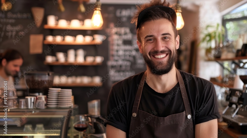Coffee shop owner greeting customers with a smile Coffee shop owner greeting customers with a smile