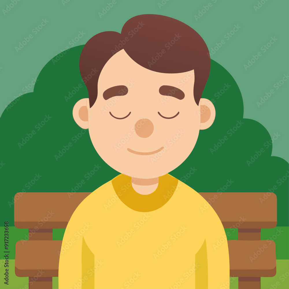 3D style cartoon character of a young adult man in a yellow sweater, sitting on a park bench with a serene smile, eyes closed, and head tilted back as if enjoying the sunshine graphics 3D style cartoon character of a young adult man in a yellow sweater, sitting on a park bench with a serene smile, eyes closed, and head tilted back as if enjoying the sunshine graphics