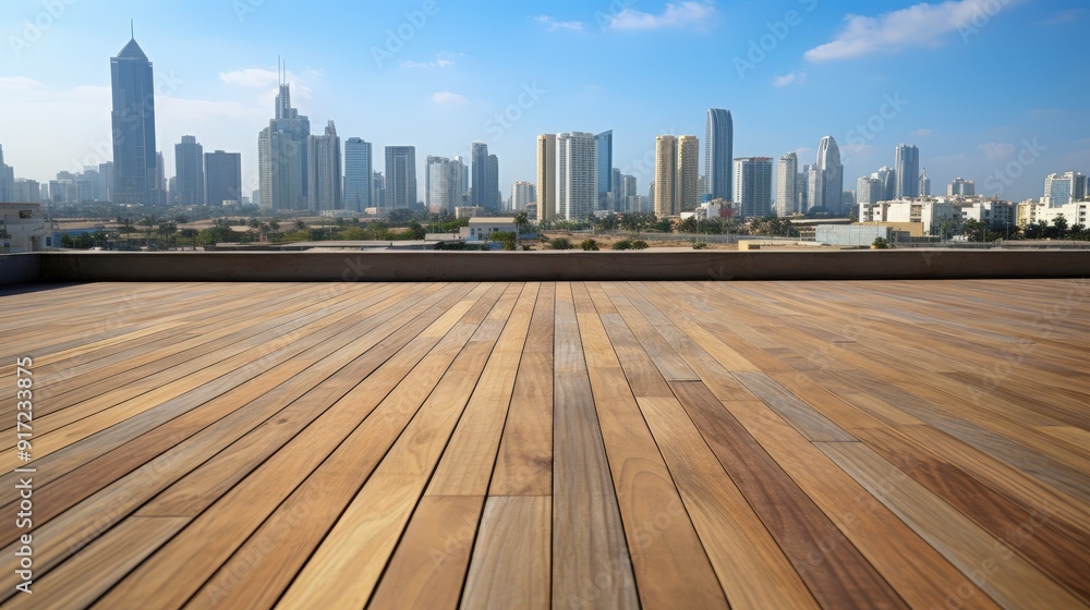 Wooden Deck with Cityscape Background Wooden Deck with Cityscape Background