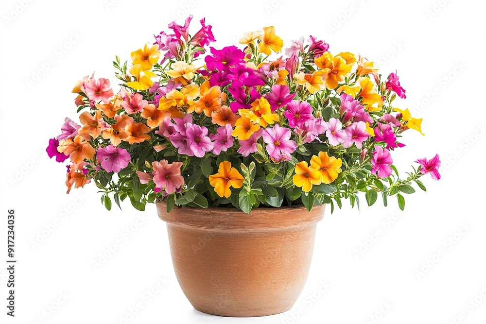 Colorful clarkia flowers in the pot isolated on a white background Colorful clarkia flowers in the pot isolated on a white background
