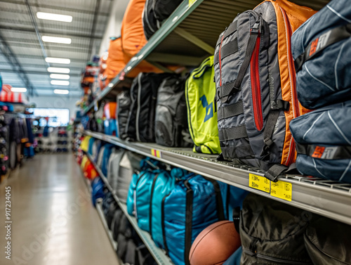 A store shelf with a variety of backpacks and a football