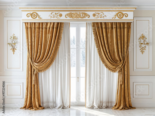Luxurious gold drapes with intricate patterns and tassels, paired with sheer white curtains, create an opulent and regal ambiance in a sophisticated room with elegant wall detailing.