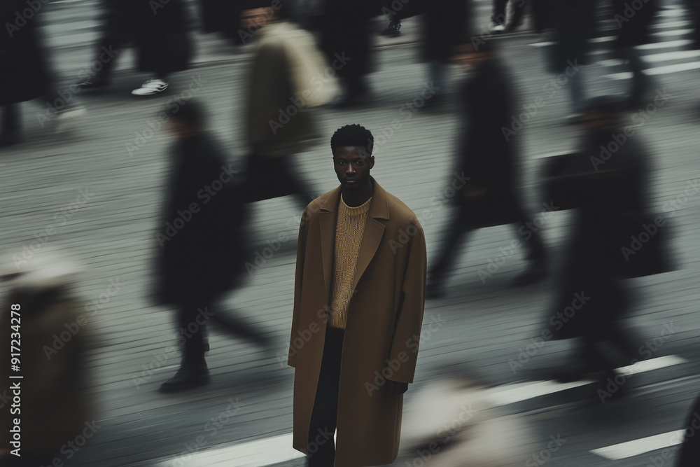 Man standing in the street with people walking by Man standing in the street with people walking by