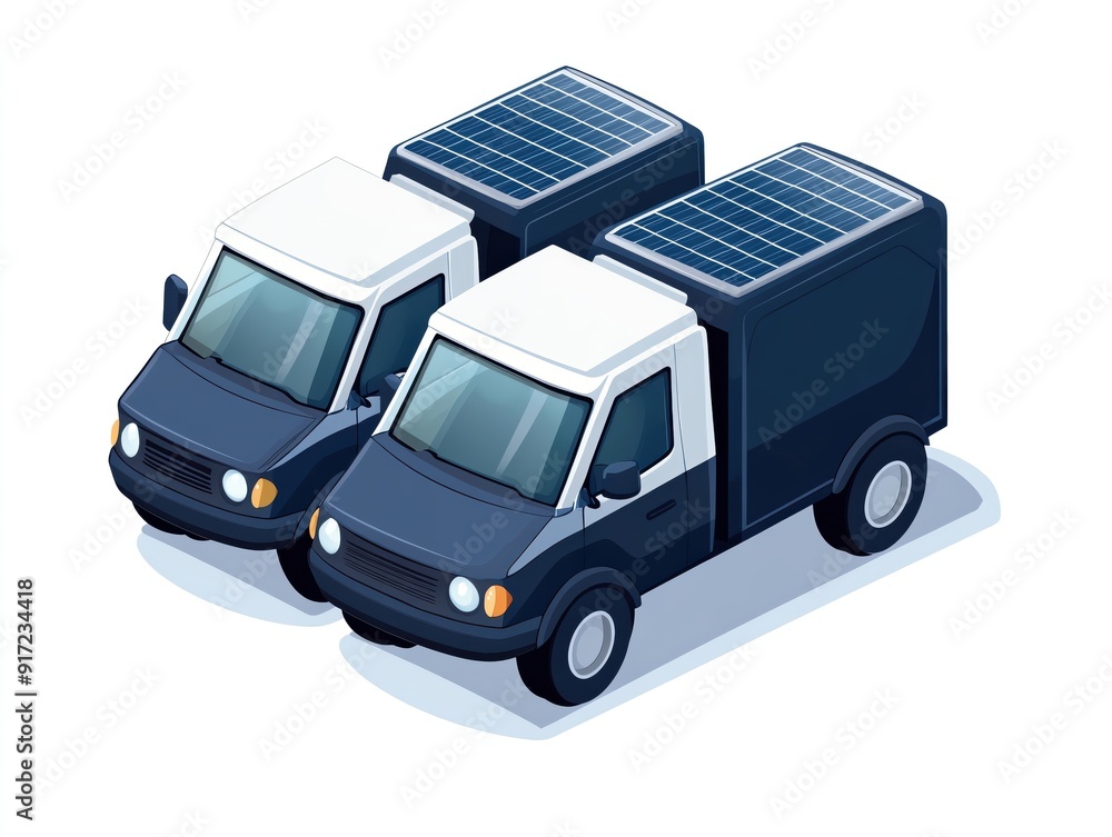 Solar-powered electric vehicles in a fleet, eco-technology theme, isometric view, isolated on white background Solar-powered electric vehicles in a fleet, eco-technology theme, isometric view, isolated on white background