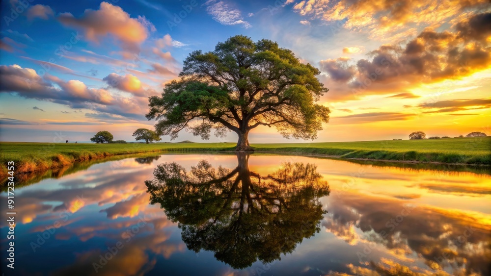 Obraz premium Majestic oak tree reflected in tranquil pond at sunset in serene countryside landscape, majestic, oak tree, reflected