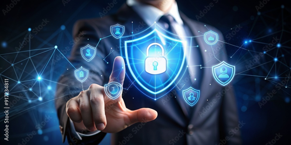 Businessman Hand Pointing at Digital Shield with Lock Icon, Cyber Security, Data Protection, Network Protection, Digital Privacy Businessman Hand Pointing at Digital Shield with Lock Icon, Cyber Security, Data Protection, Network Protection, Digital Privacy