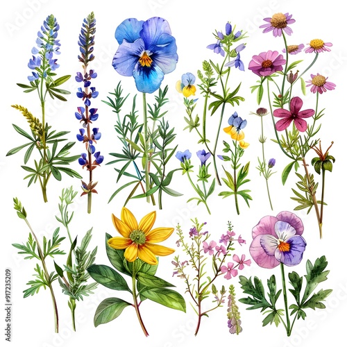 Set of cliparts of wild flowers in watercolor