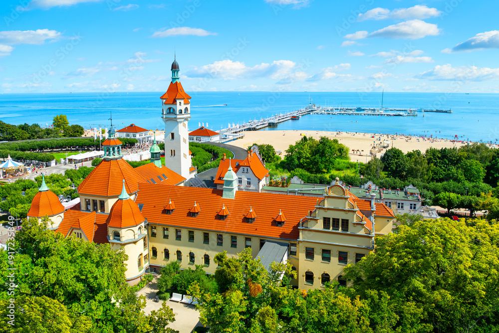 Sunny landscape of the resort town of Sopot and Molo - pier on the Baltic Sea. Poland
