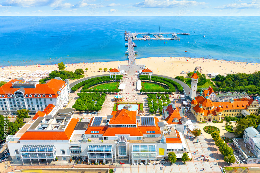 Sunny landscape of the resort town of Sopot and Molo - pier on the Baltic Sea. Poland