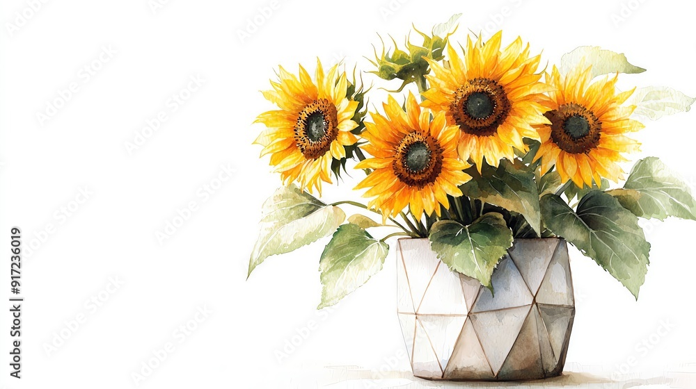 Obraz premium Watercolor painting of a bouquet of sunflowers in a geometric vase.