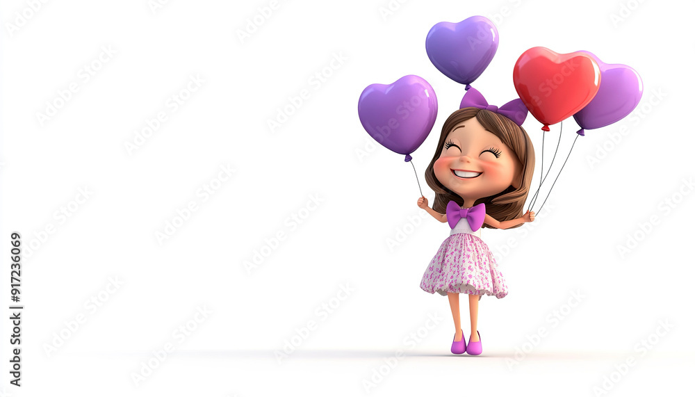 happy smiling 3d girl purple cute little dress purple bow white background Heart balloons copy space happy smiling 3d girl purple cute little dress purple bow white background Heart balloons copy space