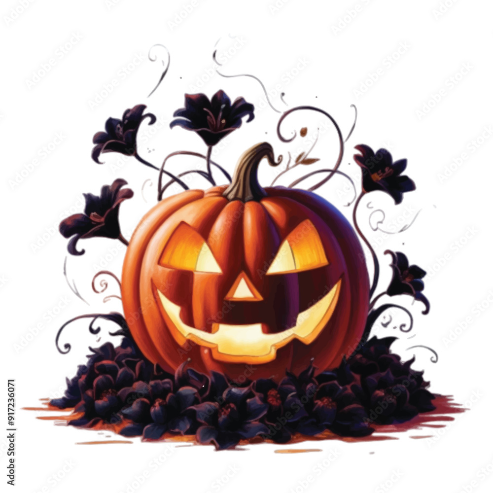 Jack-O-Lantern Halloween pumpkin decorated with natural black flowers isolated on white background Jack-O-Lantern Halloween pumpkin decorated with natural black flowers isolated on white background