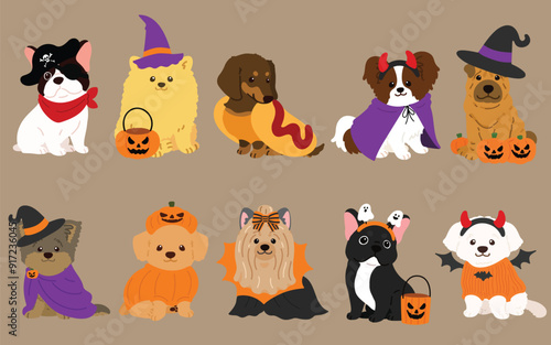 Simple and adorable Halloween illustrations of friendly small dogs flat colored