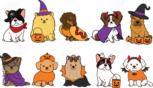 Simple and adorable Halloween illustrations of friendly small dogs outlined