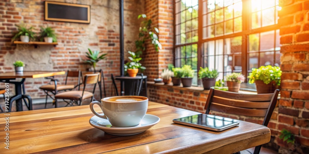 Coffee Break in a Cozy Cafe, Coffee Cup, Brick Wall, Sunlight, Cafe Table , coffee shop, brick wall Coffee Break in a Cozy Cafe, Coffee Cup, Brick Wall, Sunlight, Cafe Table , coffee shop, brick wall
