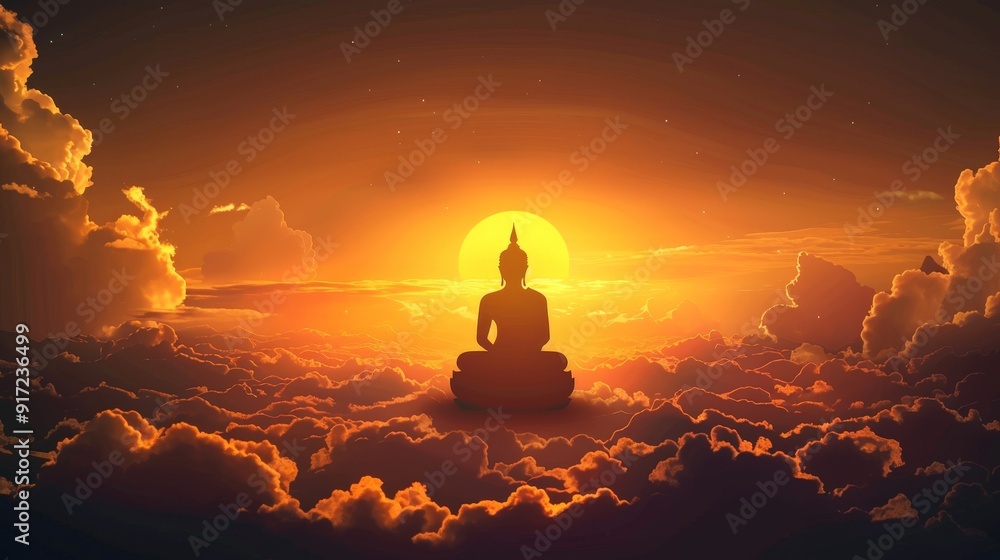 A picturesque depiction of Vesak Day, featuring a tranquil Buddha silhouette against a dramatic sky illuminated by the morning sun. A picturesque depiction of Vesak Day, featuring a tranquil Buddha silhouette against a dramatic sky illuminated by the morning sun.
