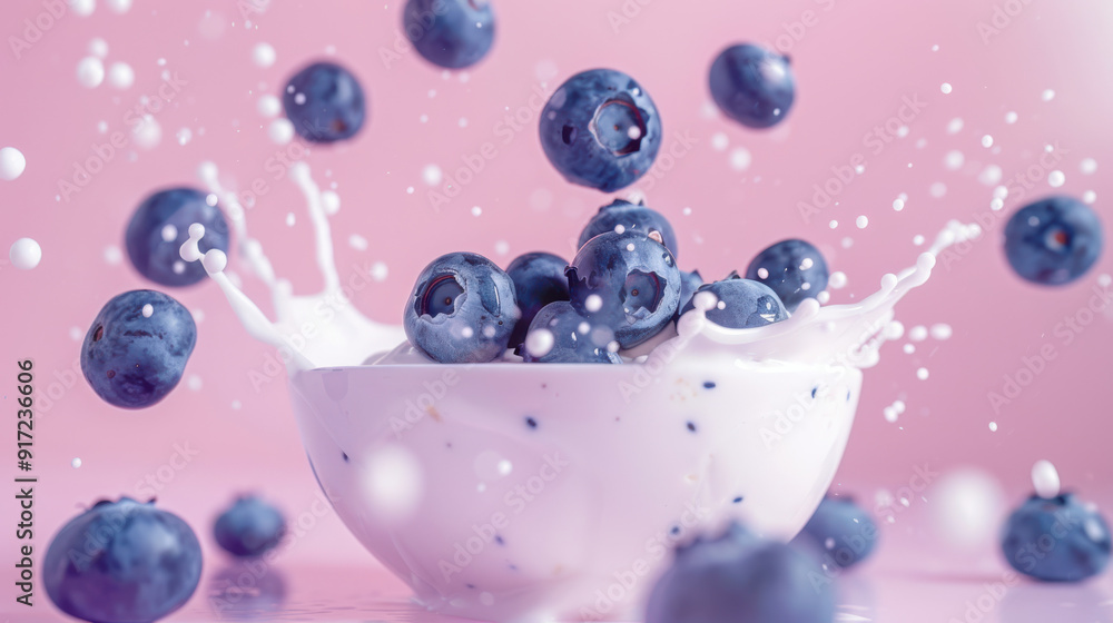 A high-definition photograph of blueberries falling into a bowl of creamy yogurt, blueberries' rich blue contrasting against the white yogurt, mid-air splash effect, in front of a soft pink background A high-definition photograph of blueberries falling into a bowl of creamy yogurt, blueberries' rich blue contrasting against the white yogurt, mid-air splash effect, in front of a soft pink background
