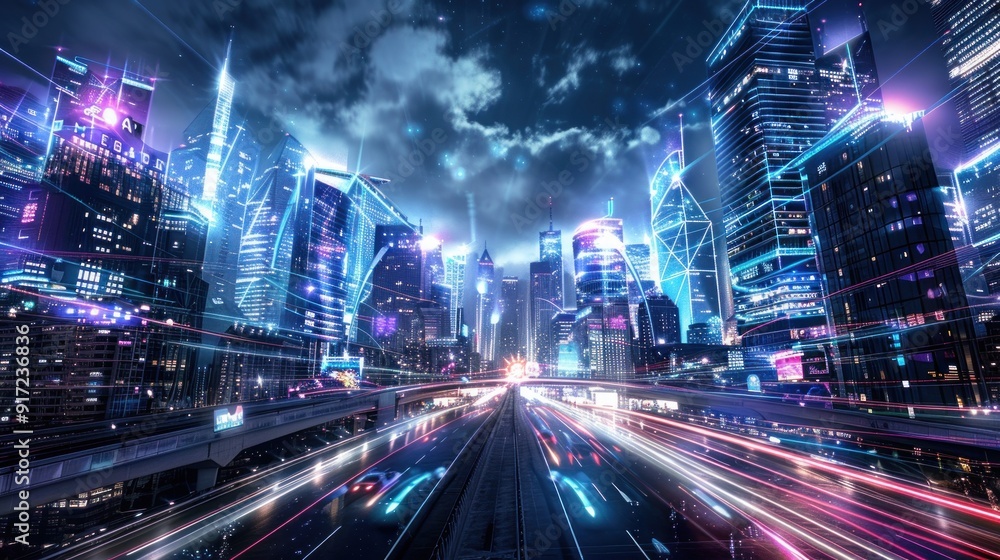 Fototapeta premium Futuristic Cityscape with Glowing Lines and Light Trails