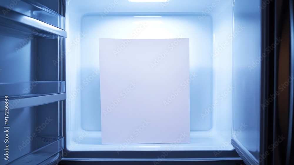 Open Refrigerator with Empty Interior and a Blank Sheet of Paper Open Refrigerator with Empty Interior and a Blank Sheet of Paper