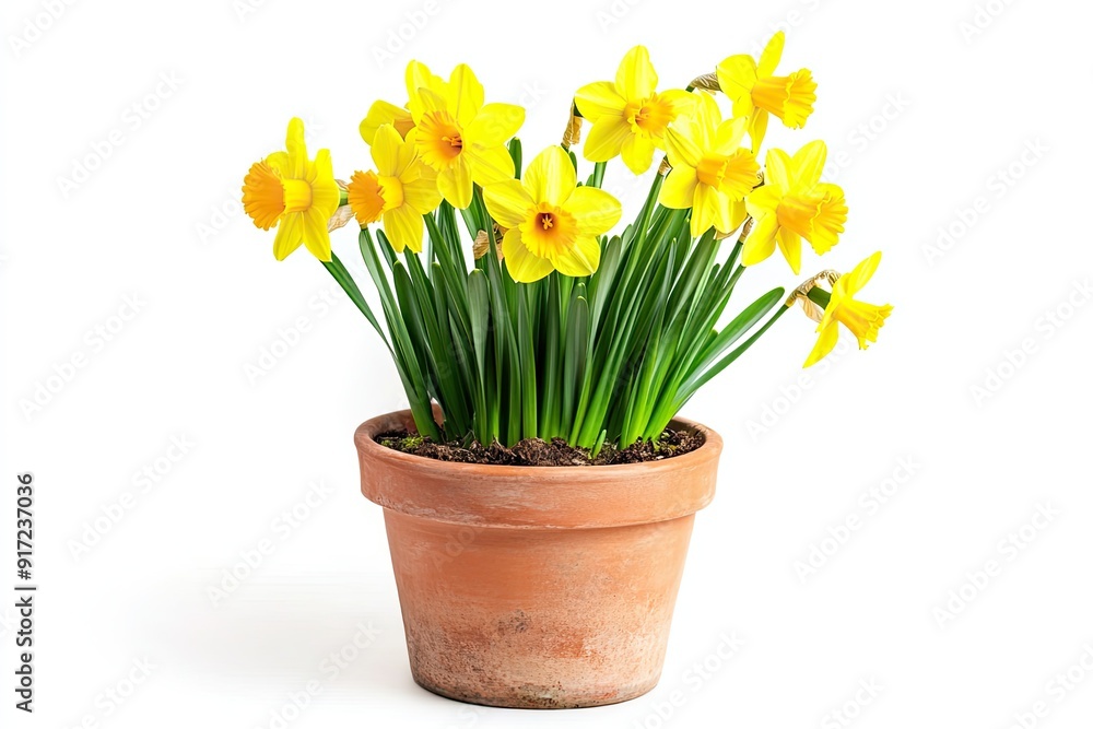 Colorful daffodil flowers in the pot isolated on a white background Colorful daffodil flowers in the pot isolated on a white background