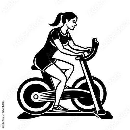 Fitness Woman Cycling on Gym Ergometer - Sport Training Vector Illustration