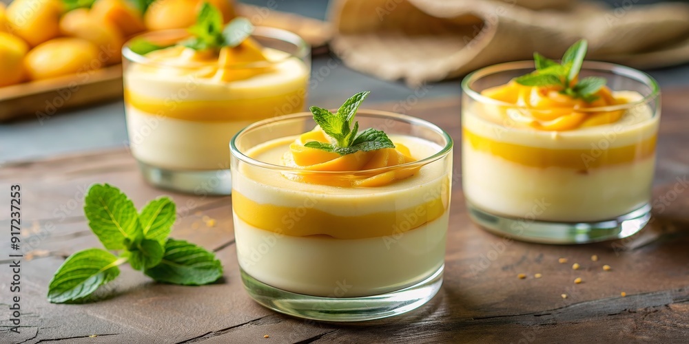 Creamy Mango Panna Cotta with Mint Garnish, Dessert , Summer , Creamy , Mango Creamy Mango Panna Cotta with Mint Garnish, Dessert , Summer , Creamy , Mango