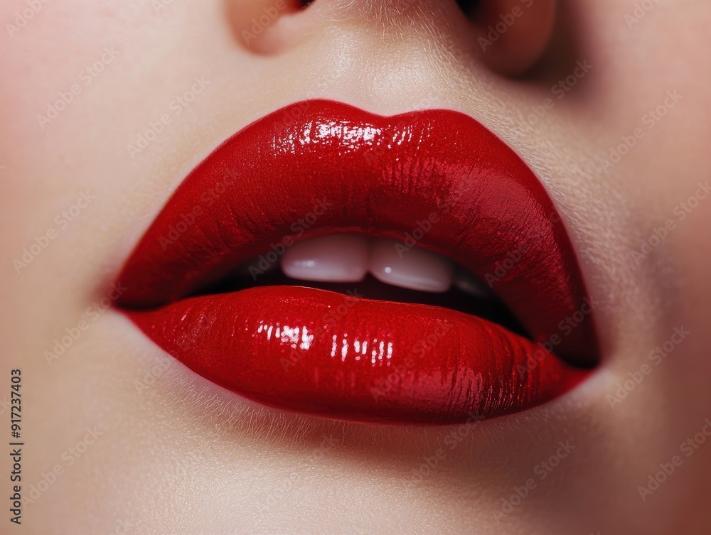 Close-up of luscious red lips showcasing vibrant color and glossy finish, perfect for beauty and makeup themes. Close-up of luscious red lips showcasing vibrant color and glossy finish, perfect for beauty and makeup themes.