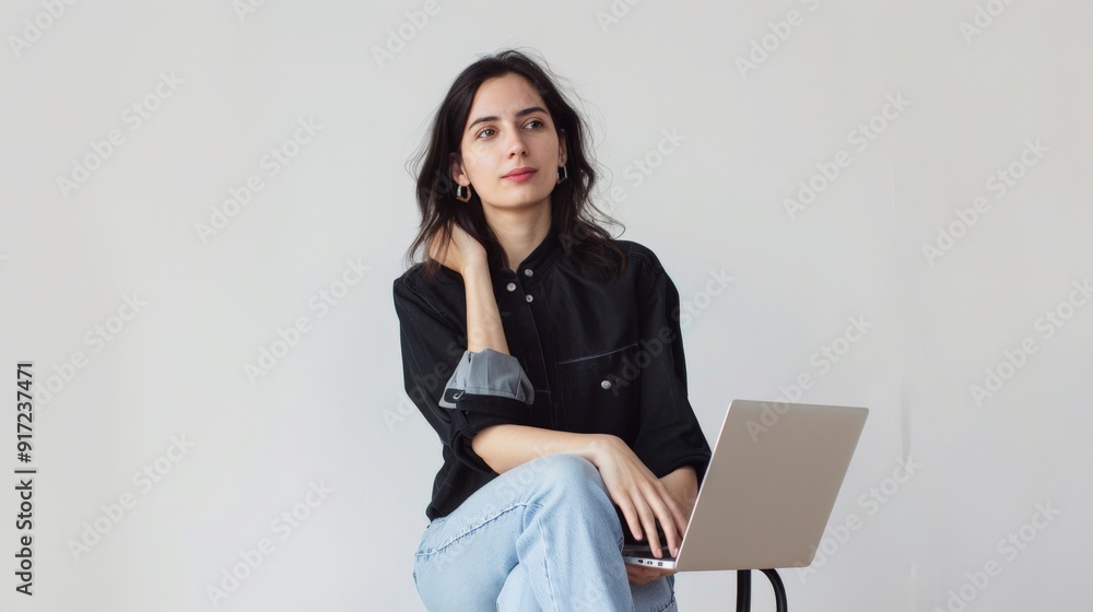 Young woman with long brown hair in minimalist studio setting, wearing black shirt. Sitting on stool, holding a laptop on lap. Plain white background, creating modern, professional atmosphere. Young woman with long brown hair in minimalist studio setting, wearing black shirt. Sitting on stool, holding a laptop on lap. Plain white background, creating modern, professional atmosphere.