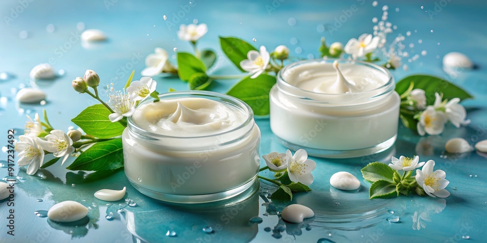 Delicate Jasmine Blossoms Enrich Creamy Face Moisturizer on Teal Background, jasmine , moisturizer , face cream , skin care Delicate Jasmine Blossoms Enrich Creamy Face Moisturizer on Teal Background, jasmine , moisturizer , face cream , skin care