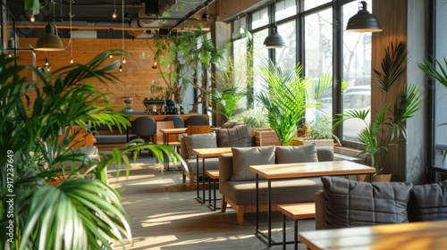 Coffee shop interior with a mix of tables, couches, and plants