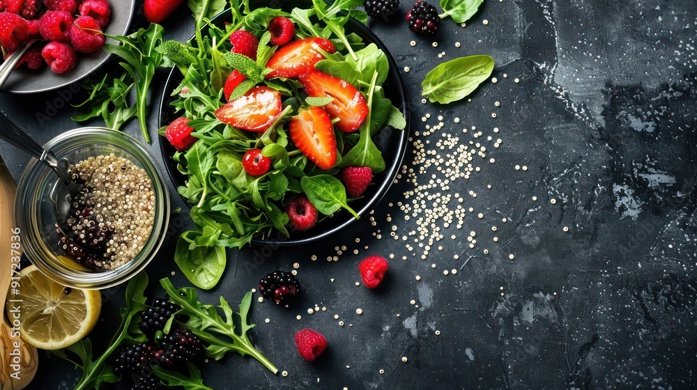 Elegant healthy food assortment with vibrant salads, sleek black table, quinoa, and fresh berries, top view, ample space for text Elegant healthy food assortment with vibrant salads, sleek black table, quinoa, and fresh berries, top view, ample space for text