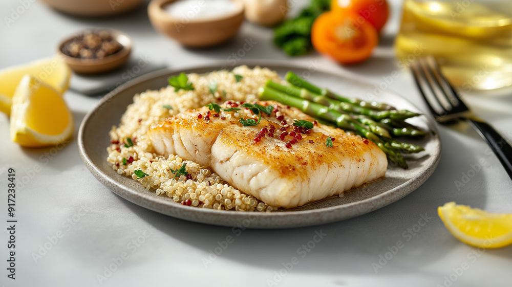 A nutritious plate featuring pan-seared fish fillets served with fluffy quinoa and steamed asparagus, garnished with herbs and chili flakes for a healthy and flavorful meal.
A nutritious plate featuring pan-seared fish fillets served with fluffy quinoa and steamed asparagus, garnished with herbs and chili flakes for a healthy and flavorful meal.
