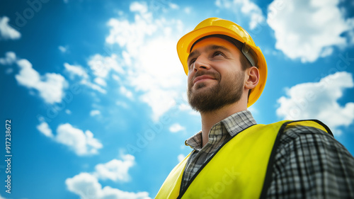 A bearded construction worker wearing a yellow hard hat and safety vest, looking up with confidence against a bright blue sky filled with clouds, symbolizing industry and progress. 