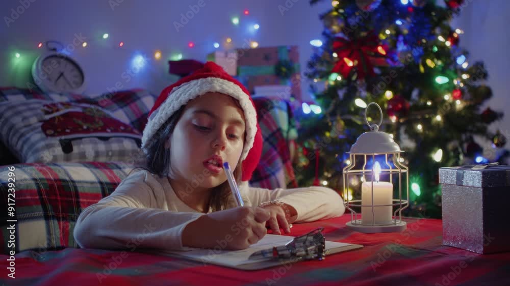A young girl in a Santa hat sits by a glowing Christmas tree, carefully writing a letter to Santa Claus by the light of a single candle, creating a warm holiday atmosphere A young girl in a Santa hat sits by a glowing Christmas tree, carefully writing a letter to Santa Claus by the light of a single candle, creating a warm holiday atmosphere