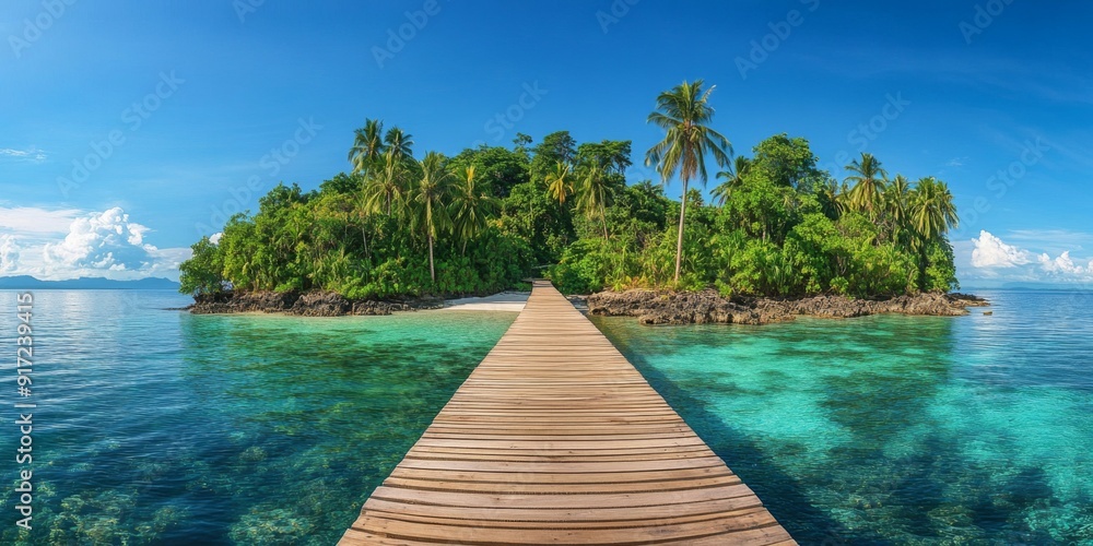 Fototapeta premium Tropical Paradise Found: The Boardwalk to an Lush, Palm-Covered Island at Cloud 9 in the Philippines, with Clear Blue Skies and Surrounding Seas Enhancing the Picturesque Scenery