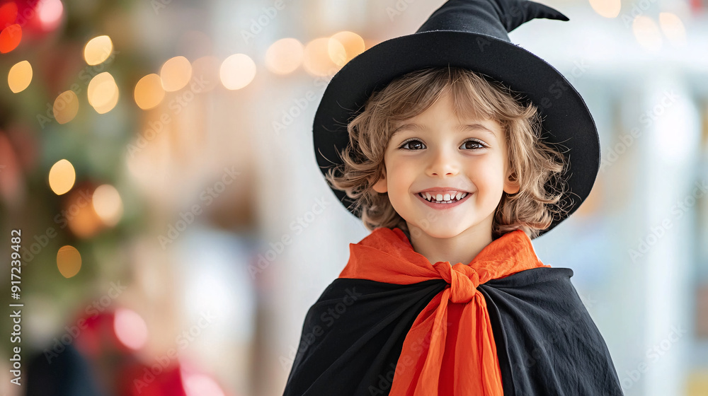 A young child is wearing a black hat and an orange cape, and is smiling. The image has a festive and playful mood, as it is a Halloween costume photo. A young child is wearing a black hat and an orange cape, and is smiling. The image has a festive and playful mood, as it is a Halloween costume photo.