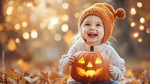 Wallpaper Mural A little girl is holding a pumpkin with a lit candle inside. She is wearing a hat and smiling. Concept of joy and excitement, as the child is participating in a Halloween tradition. Torontodigital.ca